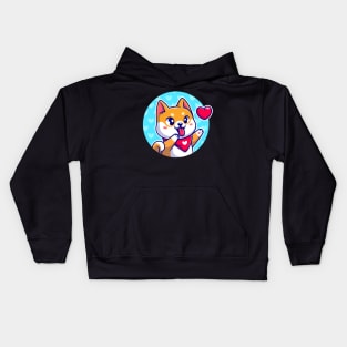 Happy Shiba Inu Dog Wearing Scarf With Love Cartoon Kids Hoodie